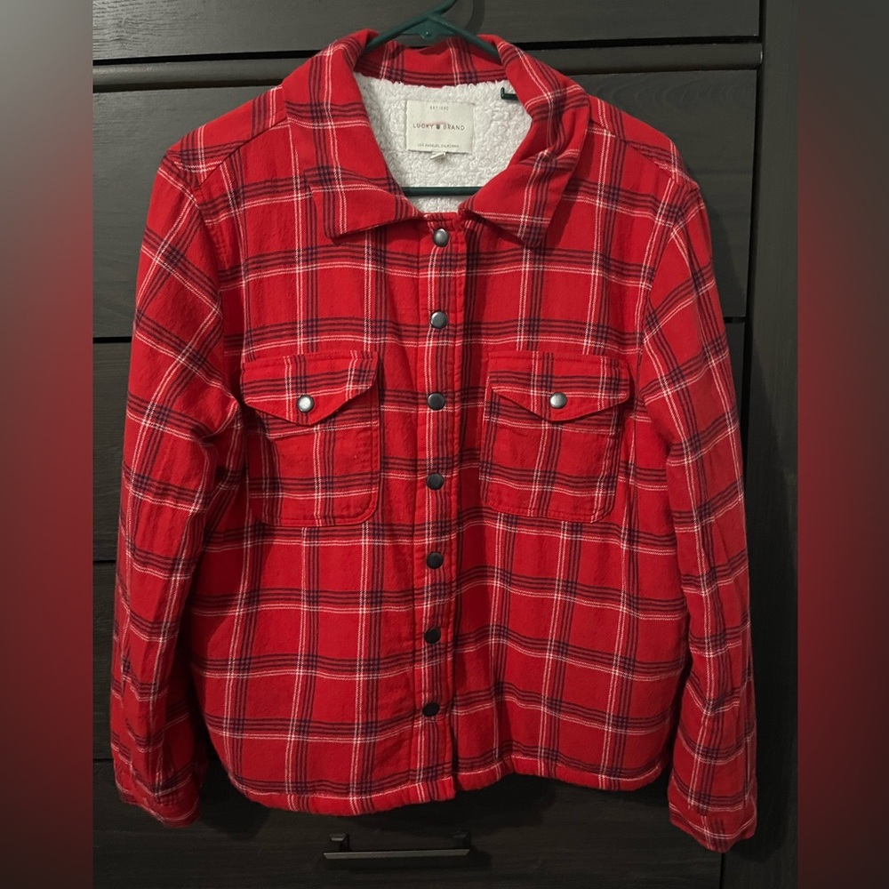 Lucky Brand women’s red plaid flannel Sherpa lined jacket snap buttons medium